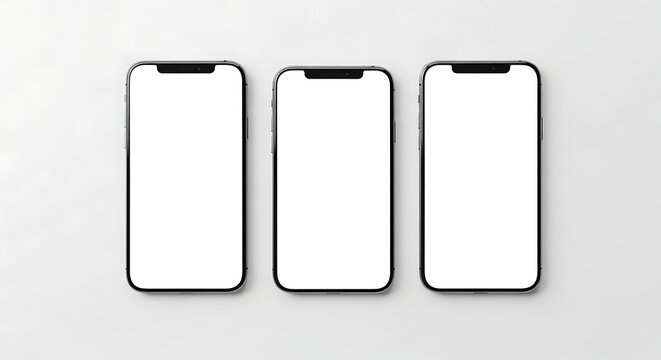 Three blank smartphones aligned in a row on a clean, white surface, perfect for mockups