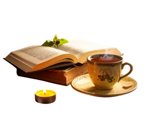 Flat Lay of Open Book with Tea Mug, Candle, and Wool Blanket, Transparent PNG 