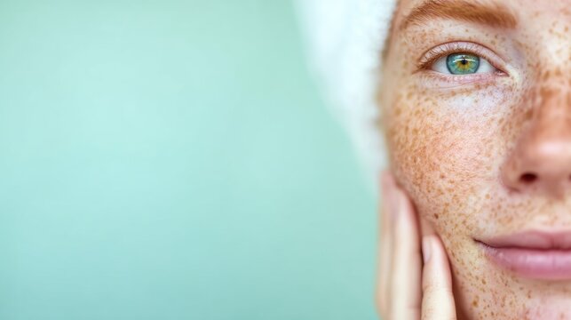 Close-up of a young woman with freckles and green eyes touching her face