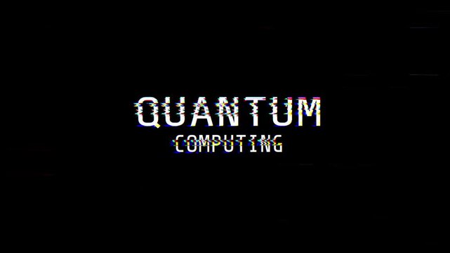 Quantum computing glitchy font design on black background. Ideal for techrelated presentations, articles, and websites. Modern, futuristic concept.
