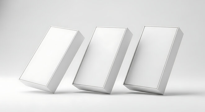 A clean 3D render of three blank white packaging boxes for product branding mockup