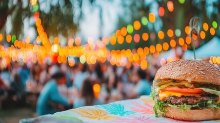 Gourmet burger served at a vibrant outdoor festival in the evening