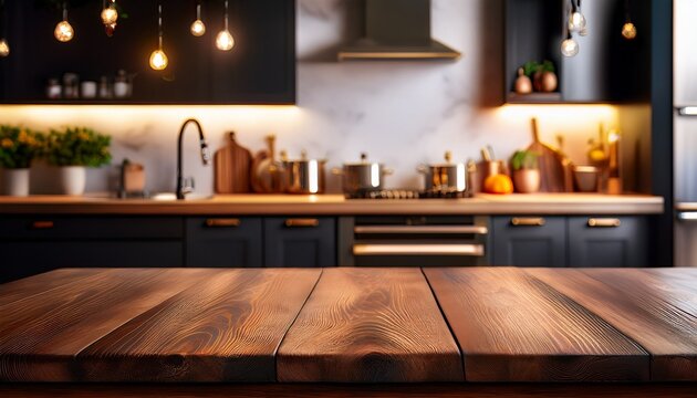 Fototapeta dark kitchen with wooden table and soft lighting on fuzzy kitchen background