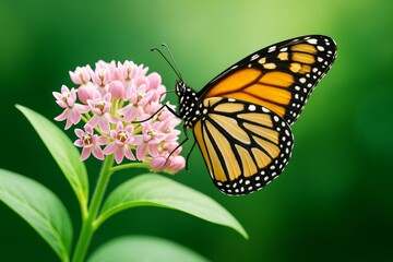 Obraz premium Monarch butterfly on pink milkweed flowers with green blurred background in bright natural light, symbolizing pollination and biodiversity concept. Ai generative