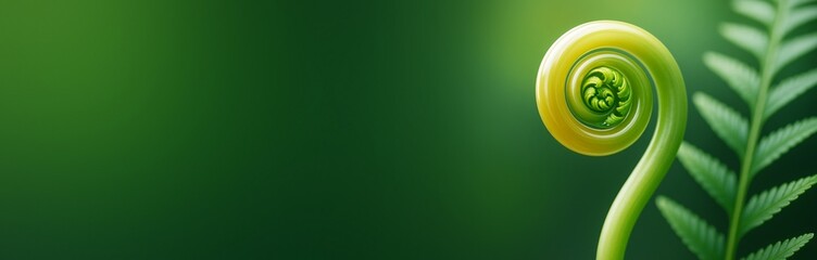 Close-up of a curled green fern frond on a gradient green background with space for text, symbolizing growth and nature concepts. Ai generative