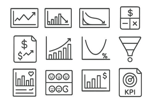 Business metrics linear icon set. statistics, data analysis, financial growth collection