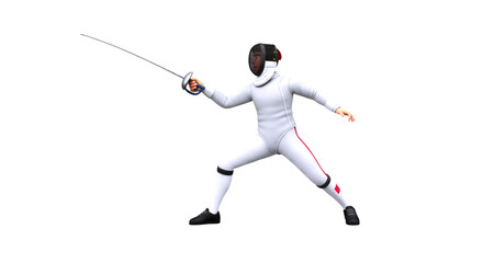 3d cartoon fencing champion dynamic foil action pose, intense focus, ultimate victory, isolated on transparent background