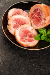 Ham hock with skin jambonneau cooked pork knuckle with rind tasty snack fresh delicious gourmet food background on the table rustic top view copy space