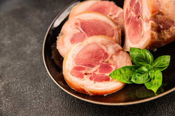 Ham hock with skin jambonneau cooked pork knuckle with rind tasty snack fresh delicious gourmet food background on the table rustic top view copy space