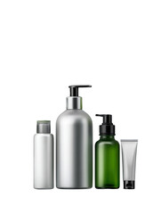 Set of cosmetic bottles and jars in various colors and shapes.  Silver, green, and clear containers with pumps and caps.  Product packaging
