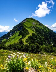 A lush mountain peak rises above a vibrant meadow filled with wildflowers under a vibrant blue sky.