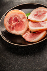 Ham hock with skin jambonneau cooked pork knuckle with rind tasty snack fresh delicious gourmet food background on the table rustic top view copy space