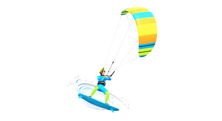 dynamic 3d cartoon kitesurfer ocean thrills, summer fun, extreme water sports, isolated on transparent background