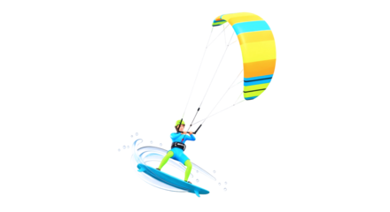 dynamic 3d cartoon kitesurfer ocean thrills, summer fun, extreme water sports, isolated on transparent background