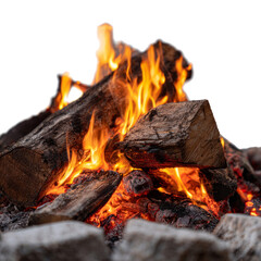 Warm Glowing Campfire Burning Wood with Bright Flames and Charred Logs in Night Setting