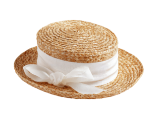A light beige straw hat with a white ribbon