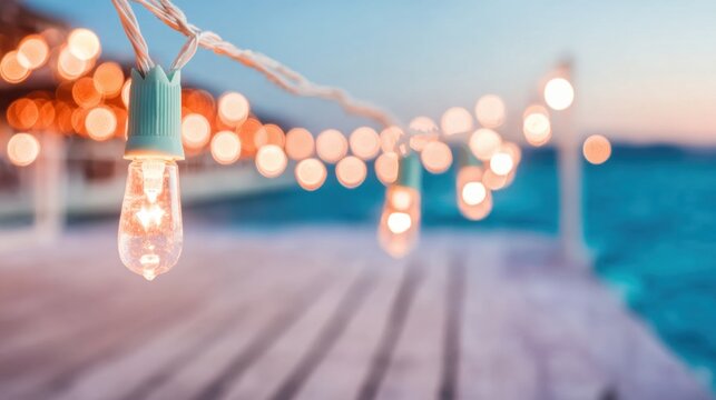 Fairy lights illuminate a peaceful evening by the water at a coastal location