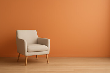 Modern Scandinavian home living room interior with an elegant armchair, orange walls