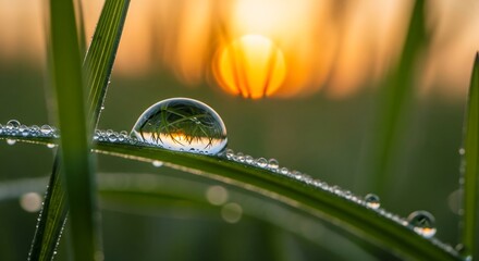 Natures Detail Water Drop on Grass, Soft Bokeh