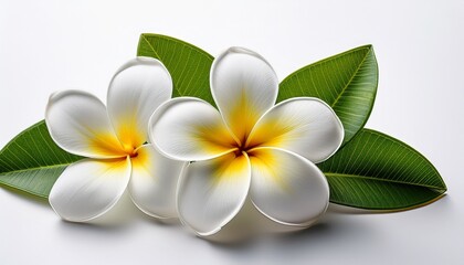 Fototapeta premium asymmetrical frangipani plumeria white flowers on white background