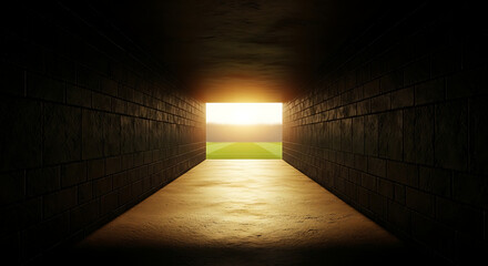 A dark tunnel with brick walls leads to a bright opening revealing a green field.