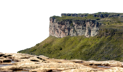 Imposing rock formation with a prominent plateau. Natural landscape of Chapada Diamantina, with caatinga and cerrado vegetation. Transparent background. Ideal for matte painting and conceptual art.