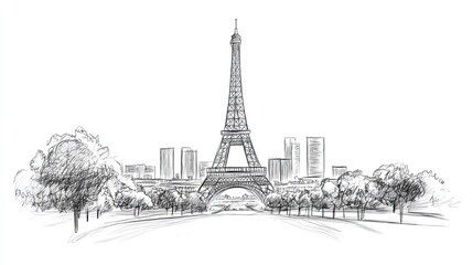 Cityscape sketch with tower and park