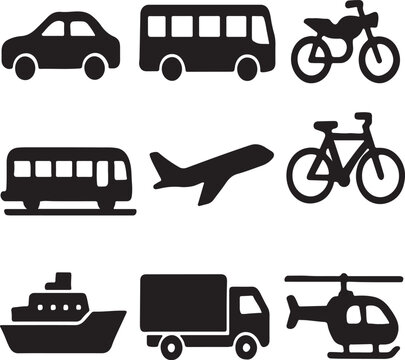 Set of Transportation Silhouettes &ndash; Vector Clipart Featuring Cars, Buses, Trucks, Trains, Airplanes, Ships & Bicycles