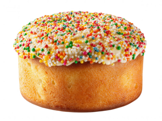 Easter cake with white icing and colorful sprinkles isolated on transparent background