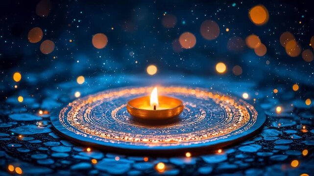 A beautifully lit diya on an ornate plate surrounded by shimmering lights, creating a festive atmosphere