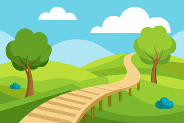 Obraz premium Cartoon landscape with path trees and cloudy sky