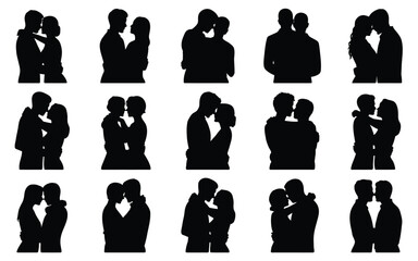 Vector art of romantic couple silhouette collection featuring various poses of lovers embracing and kissing, ideal for love and relationship themes