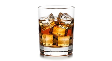 Tall glass filled with amber colored whiskey and ice cubes isolated on white background