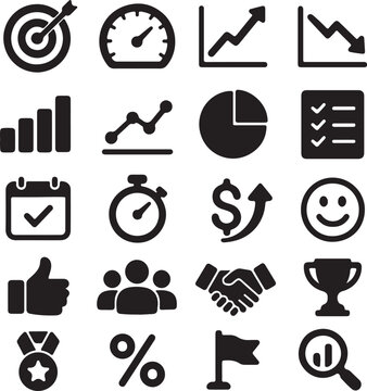 Set of KPI Icons &ndash; Vector Clipart Featuring Business Analytics, Growth Charts, Performance Indicators, Metrics Dashboards & Targets