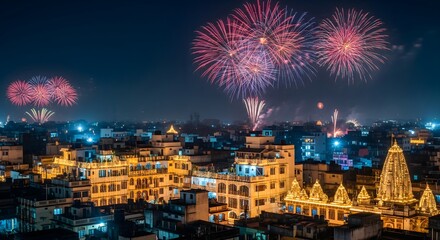 Spectacular night cityscape of India illuminated with bright lights and colorful fireworks in the sky during Diwali festival celebration, showcasing temples, decorated buildings, and festive