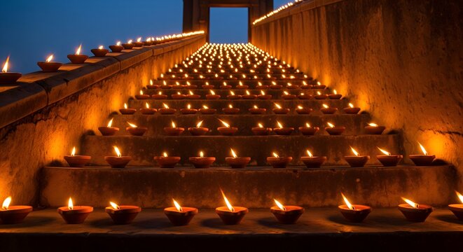 Beautiful staircase illuminated with rows of traditional oil lamps (diyas) during Diwali festival night, glowing pathway of light symbolizing celebration, spirituality, and cultural heritage in India.
