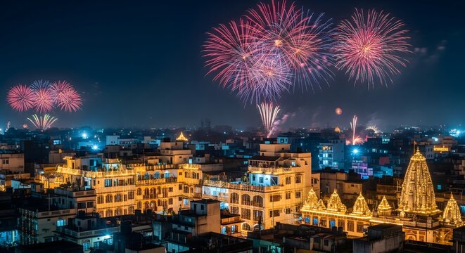 Spectacular night cityscape of India illuminated with bright lights and colorful fireworks in the sky during Diwali festival celebration, showcasing temples, decorated buildings, and festive
