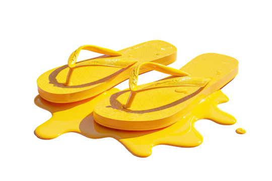 Bright yellow flip-flops resting on a puddle of melted yellow liquid (1)