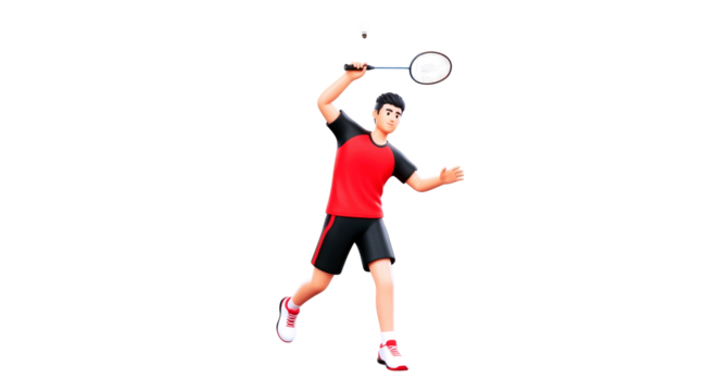 3d cartoon badminton player dynamic smash, focused intensity, effortless grace, winning spirit, isolated on transparent background