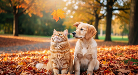 A golden retriever puppy and a tabby cat sitting together in a pile of autumn leaves in a park setting