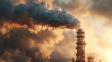 refinery smoke stack emitting vapor into sky, symbolic image of energy and industry