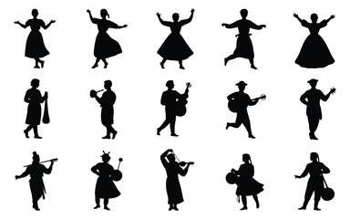 Obraz premium Vector art of silhouette collection of people playing traditional musical instruments and dancing, celebrating cultural heritage