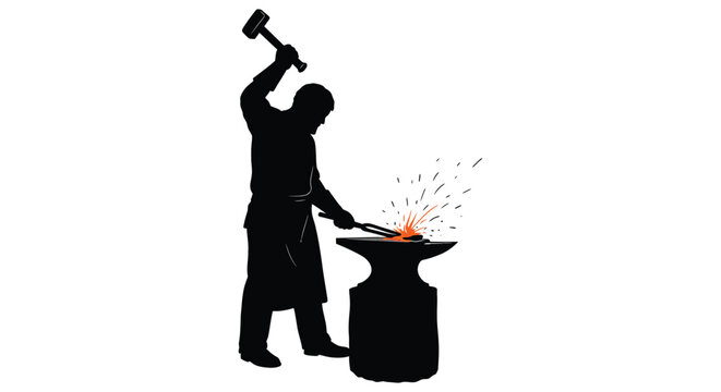 blacksmith forging metal with hammer sparks flying around