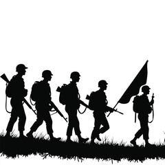 Silhouette of five soldiers marching with rifles and a flag Keywords: soldier, military