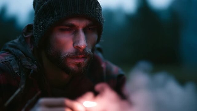 A person in a hooded jacket lighting a fire with flint in an outdoor natural setting  long title A close up view of a person wearing a hooded jacket