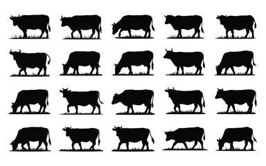 Vector art of a collection of cow silhouettes, showcasing various breeds and poses, perfect for agricultural, farm, and livestockrelated design projects