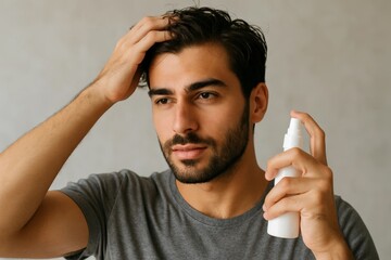 Handsome young man applying hair spray while styling his short dark hair at home.