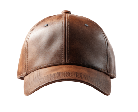 Front view of a brown leather baseball cap