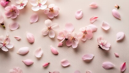 Obraz premium cherry blossom scatter soft pink petals drifting randomly on ivory airy organic repeat