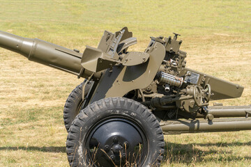 Old soviet divisional 85-mm calibre D44 field artillery gun on open grassland